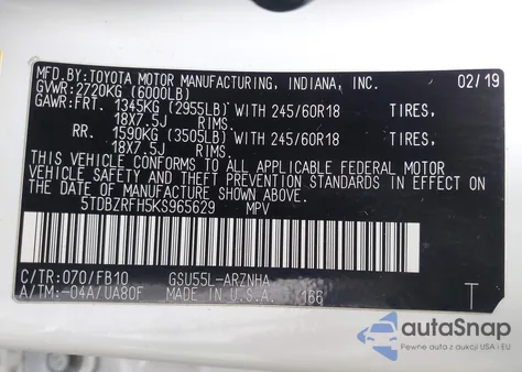 2019 Toyota Highlander Le из США, поврежденный, VIN 5TDBZRFH5KS965629